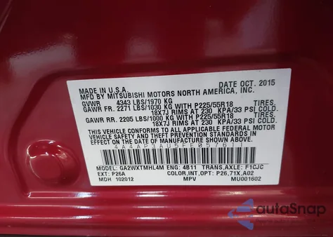 2015 Mitsubishi Outlander Sport Es from USA, damaged, VIN 4A4AP3AU5FE057611